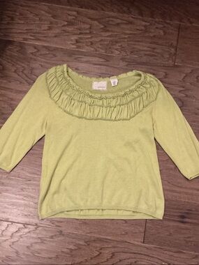Guinevere Anthropologie Smocked Ruffled Scoop Neck Long Sleeve Top in Lime Green